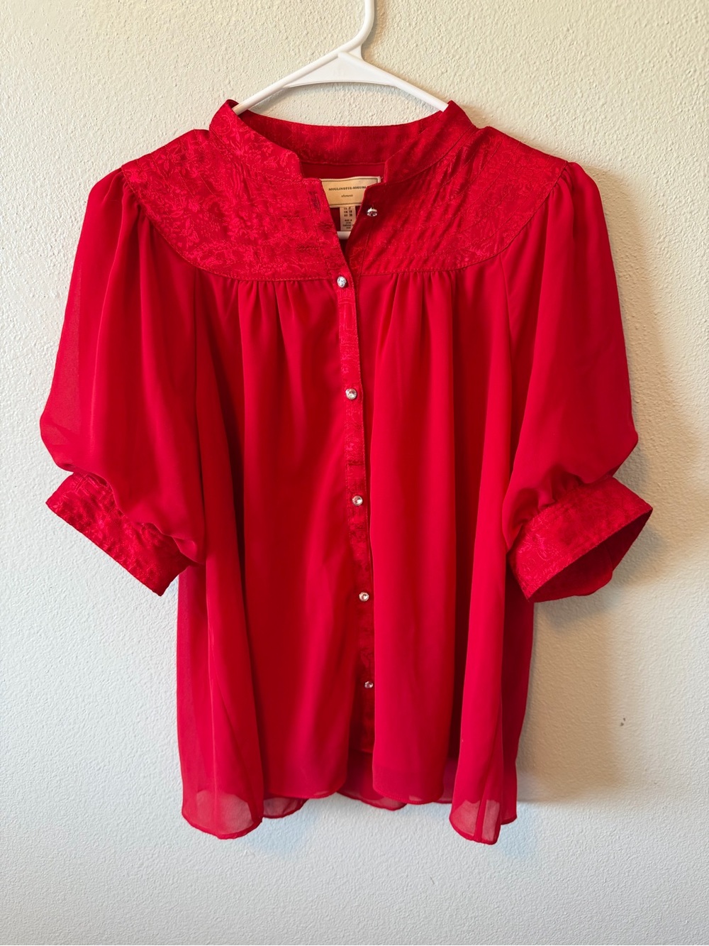 Anthropologie Moulinette Soeurs Red Puff Sleeve Blouse Button Front Textured